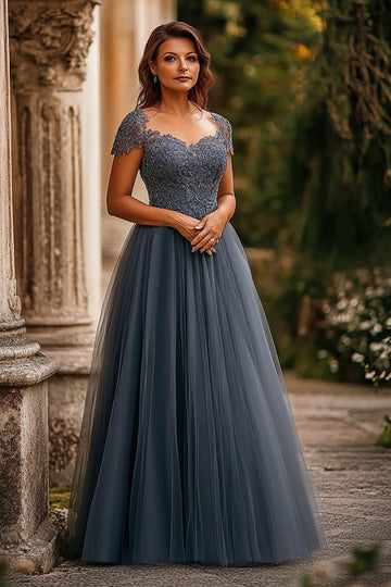 Tulle Bleu Gris Une Ligne Cap Manches Plissé Longue Mère De La Robe De La Mariée